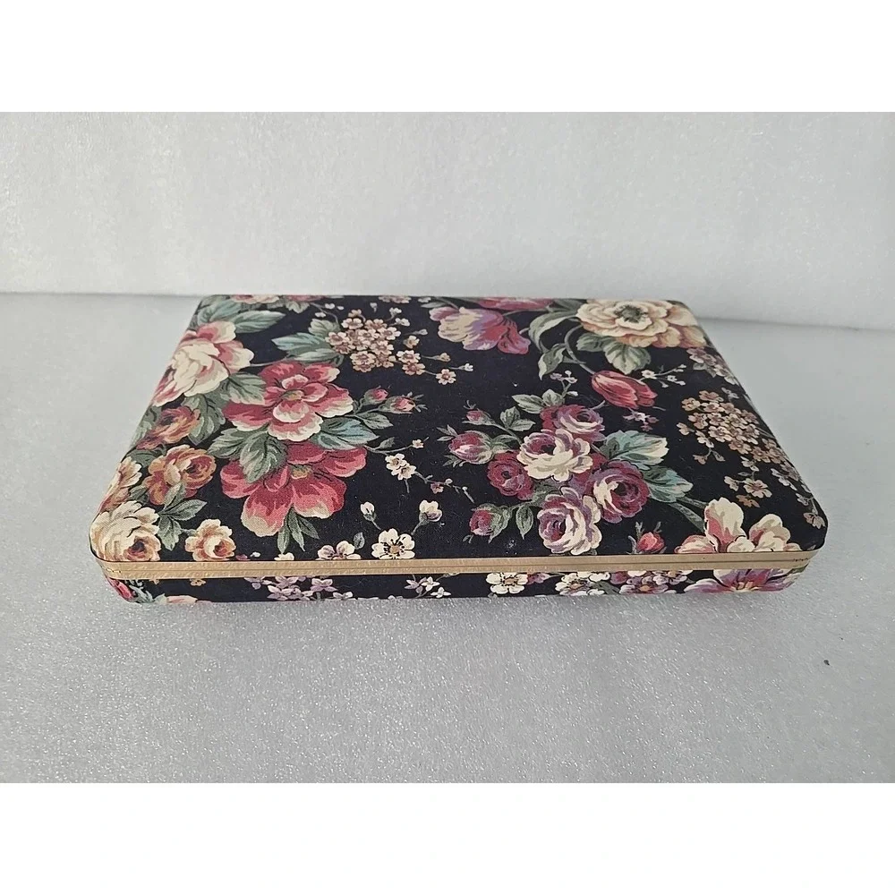 Vintage Travel Jewelry Box Clamshell Hard Case Black Floral Gold Mirror Inside